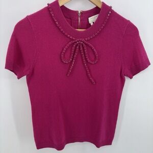 Kate Spade Ellis Bow Wool Cashmere Top Women S Embellished Short Sleeve Pink Zip